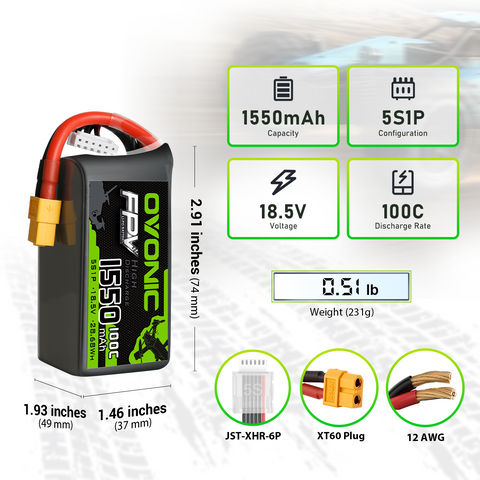 OVONIC 5S LiPo Battery Pack 1550mAh 100C 18.5V with XT60 Plug