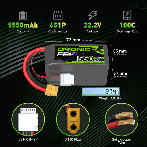 Ovonic 6S Lipo Battery 1500mAh 6S1P 100C 22.2V FPV LiPo Battery with XT60 Plug