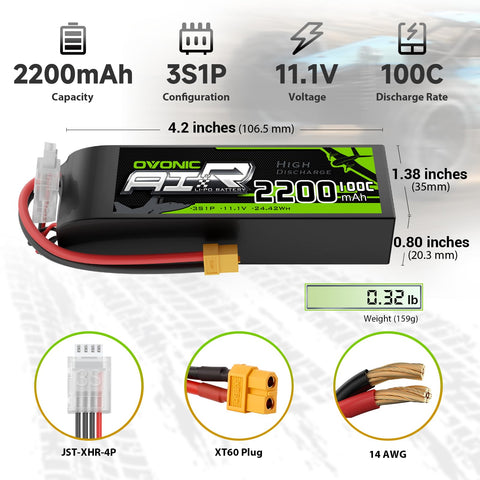 2 x OVONIC 3S 100C 2200mAh 11.1V Lipo Battery with Dean Connector & Lipo Voltage Checker for RC Airplane Small to Medium-Sized Aircraft