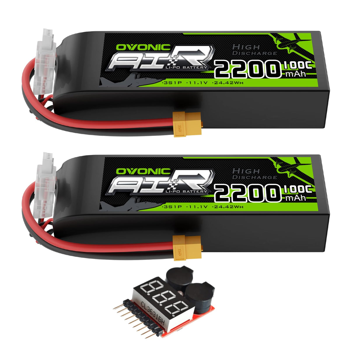 2 x OVONIC 3S 100C 2200mAh 11.1V Lipo Battery with Dean Connector & Lipo Voltage Checker for RC Airplane Small to Medium-Sized Aircraft