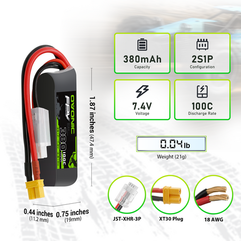 4×OVONIC 2S Lipo Battery 380mAh 2S1P 100C 7.4V with XT30 Plug for Tinywhoop Mini FPV Drone Quadcopter
