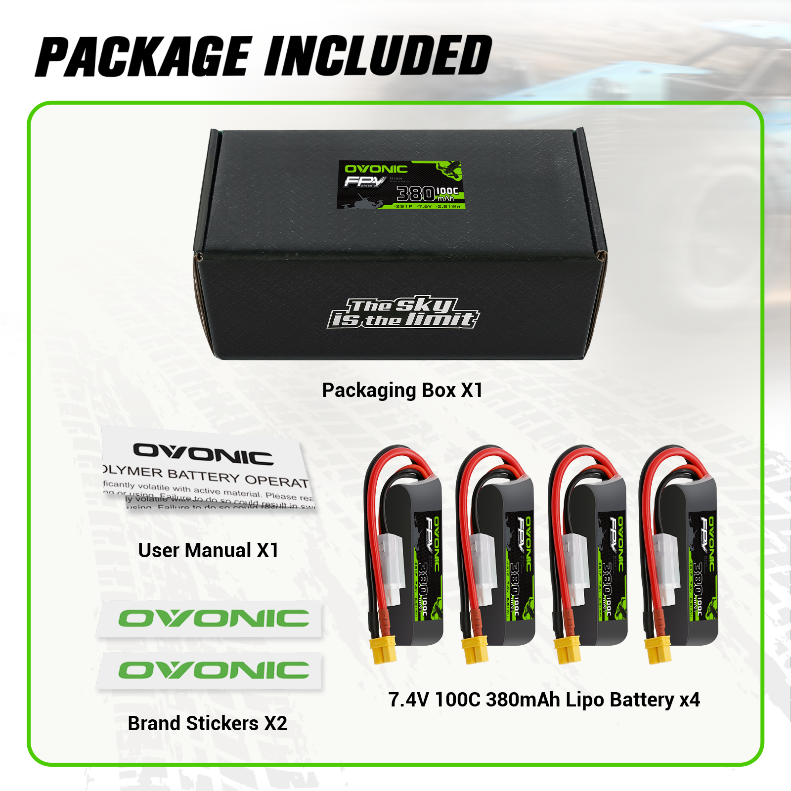 4×OVONIC 2S Lipo Battery 380mAh 2S1P 100C 7.4V with XT30 Plug for Tinywhoop Mini FPV Drone Quadcopter