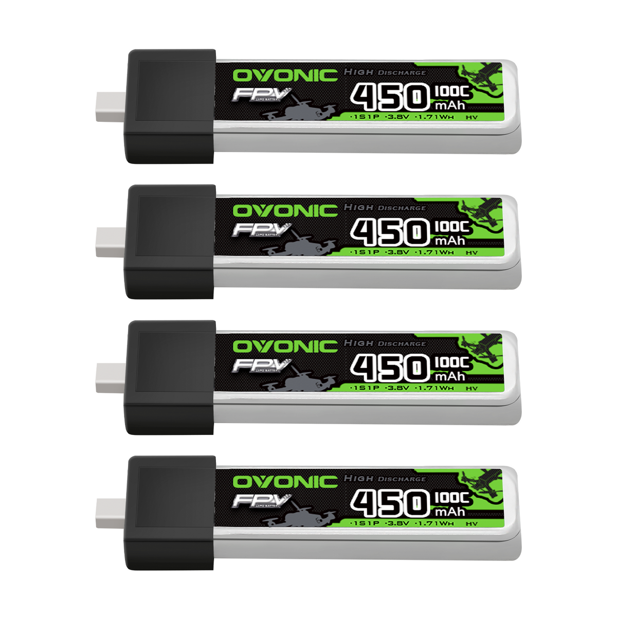 4×OVONIC 450mAh 100C LiHV 1S Lipo Battery with Plug for