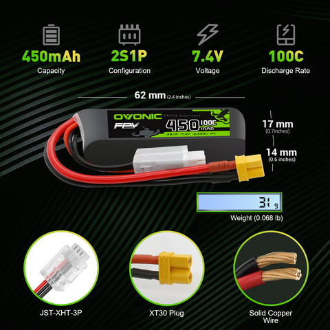 OVONIC 2S Lipo Battery 450mAh 2S1P 100C 7.4V with XT30 Plug for Tinywhoop Cinewhoop