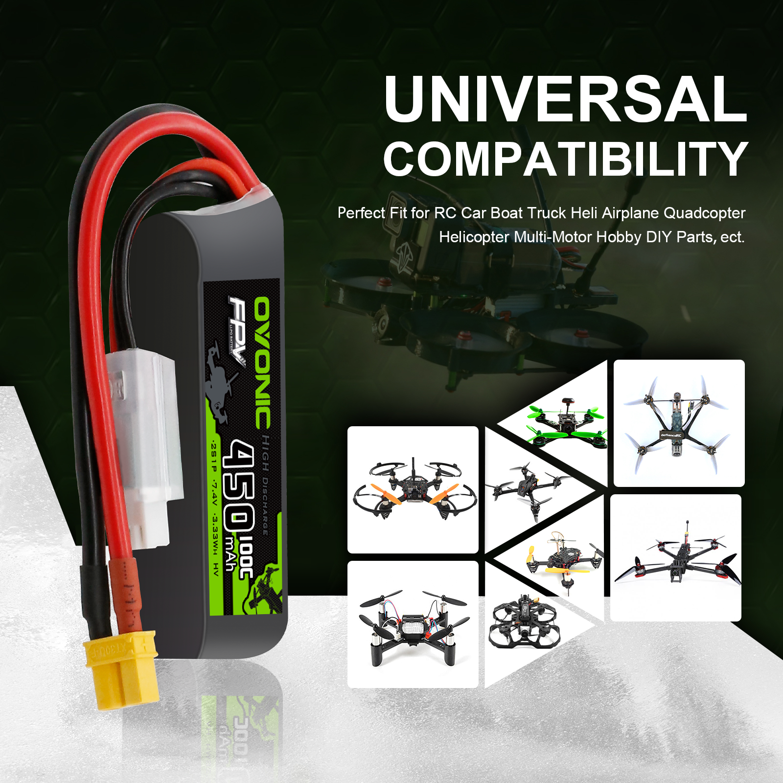 OVONIC 2S Lipo Battery 450mAh 2S1P 100C 7.4V with XT30 Plug for Tinywhoop Cinewhoop