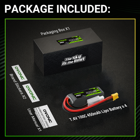 OVONIC 2S Lipo Battery 450mAh 2S1P 100C 7.4V with XT30 Plug for Tinywhoop Cinewhoop