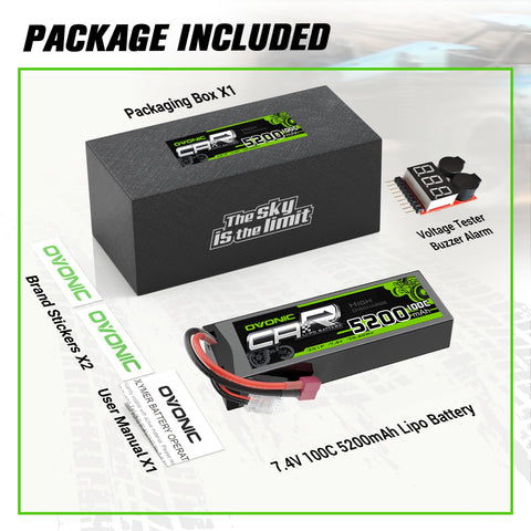 OVONIC 7.4V 100C 5200mAh 2S Lipo Battery Hardcase with Deans( T ) Connector & Lipo Voltage Checker for 1/10 or 1/8 scale RC Car Truck Buggy Boat RC Airplane Racing