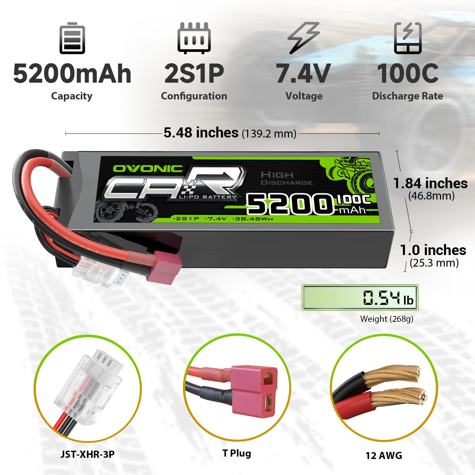 OVONIC 7.4V 100C 5200mAh 2S Lipo Battery Hardcase with Deans( T ) Connector & Lipo Voltage Checker