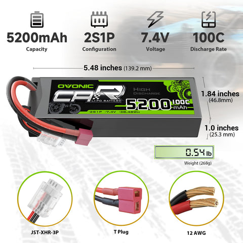 OVONIC 7.4V 100C 5200mAh 2S Lipo Battery Hardcase with Deans( T ) Connector & Lipo Voltage Checker