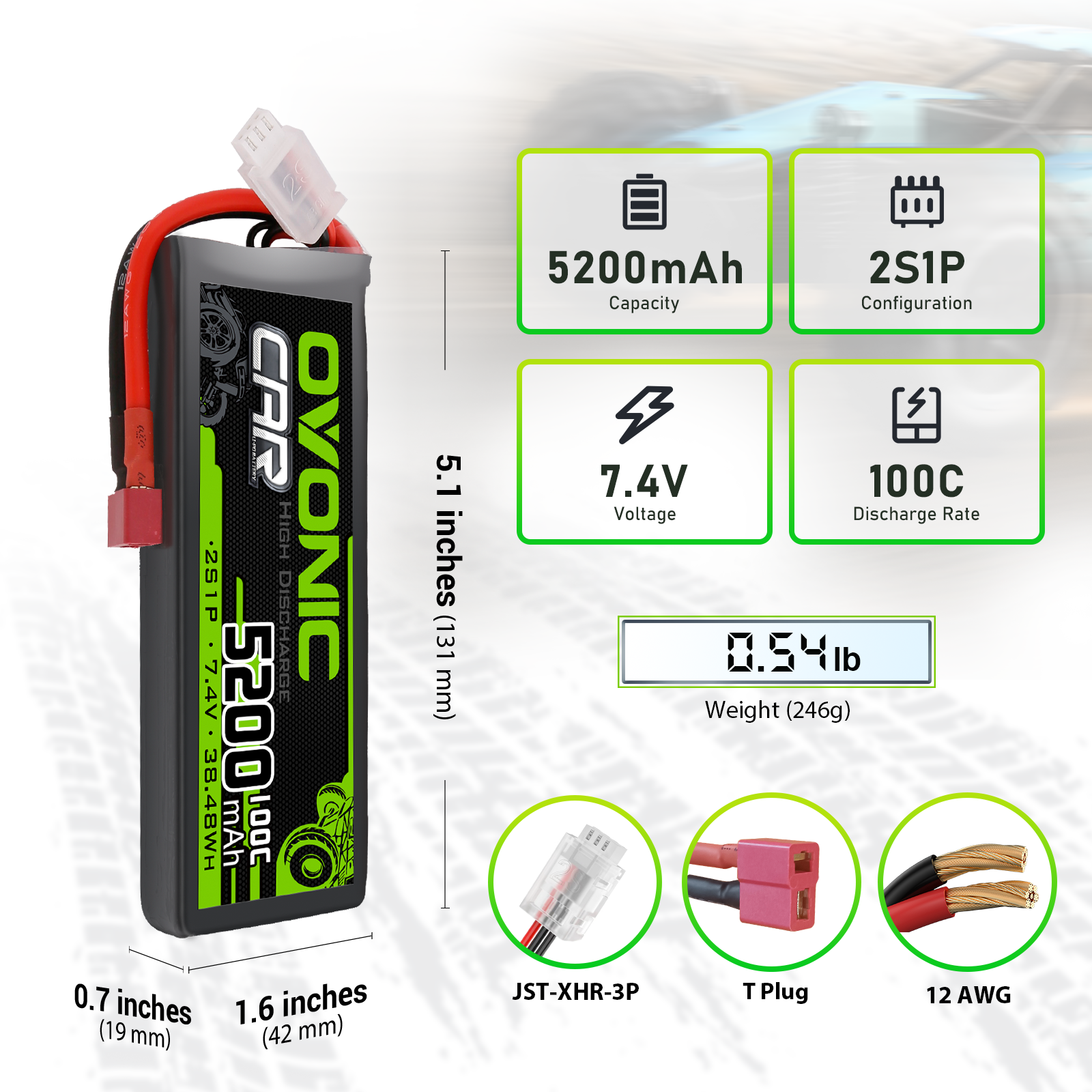 Ovonic 100C 2S1P 5200mAh 7.4V LiPo Battery with Deans Plug
