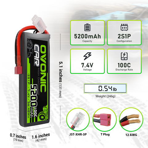 Ovonic 100C 2S1P 5200mAh 7.4V LiPo Battery with Deans Plug