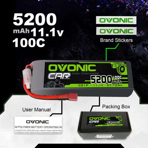 2x Ovonic 100C 3S1P 5200mAh 11.1V LiPo Battery for RC Car - Deans Plug - Ampow