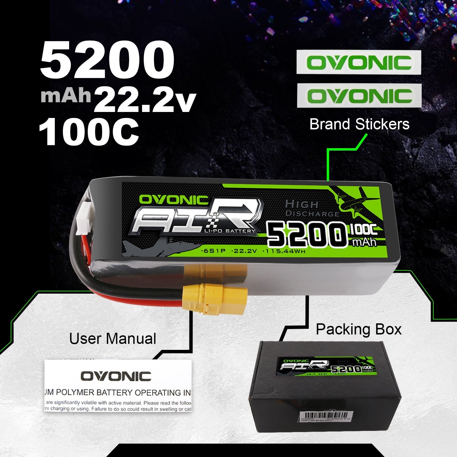 OVONIC 22.2V 5200mAh 6S 100C LiPo with XT90 & AS150 Plug for RC aircraft