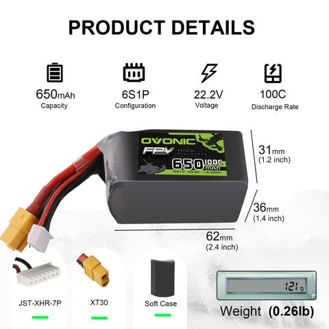 2x Ovonic 100C 650mah 6S Lipo Battery 22.2V Pack with XT30 Plug for fpv freestyle