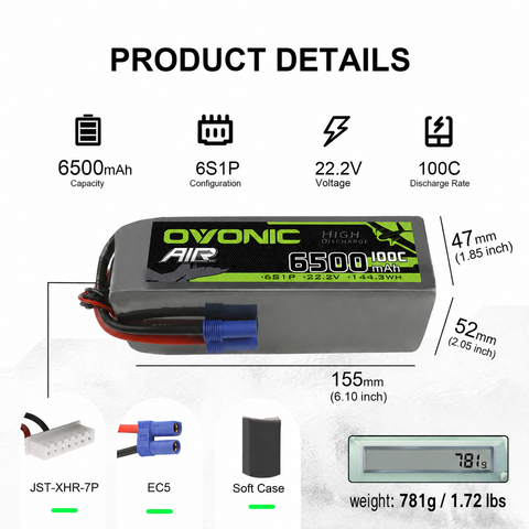 Ovonic 6S 6500mAh 100C LiPo Battery 22.2V with EC5 Plug for 1/7 1/8 Scale RC Vehicles Car Truck RC Airplane