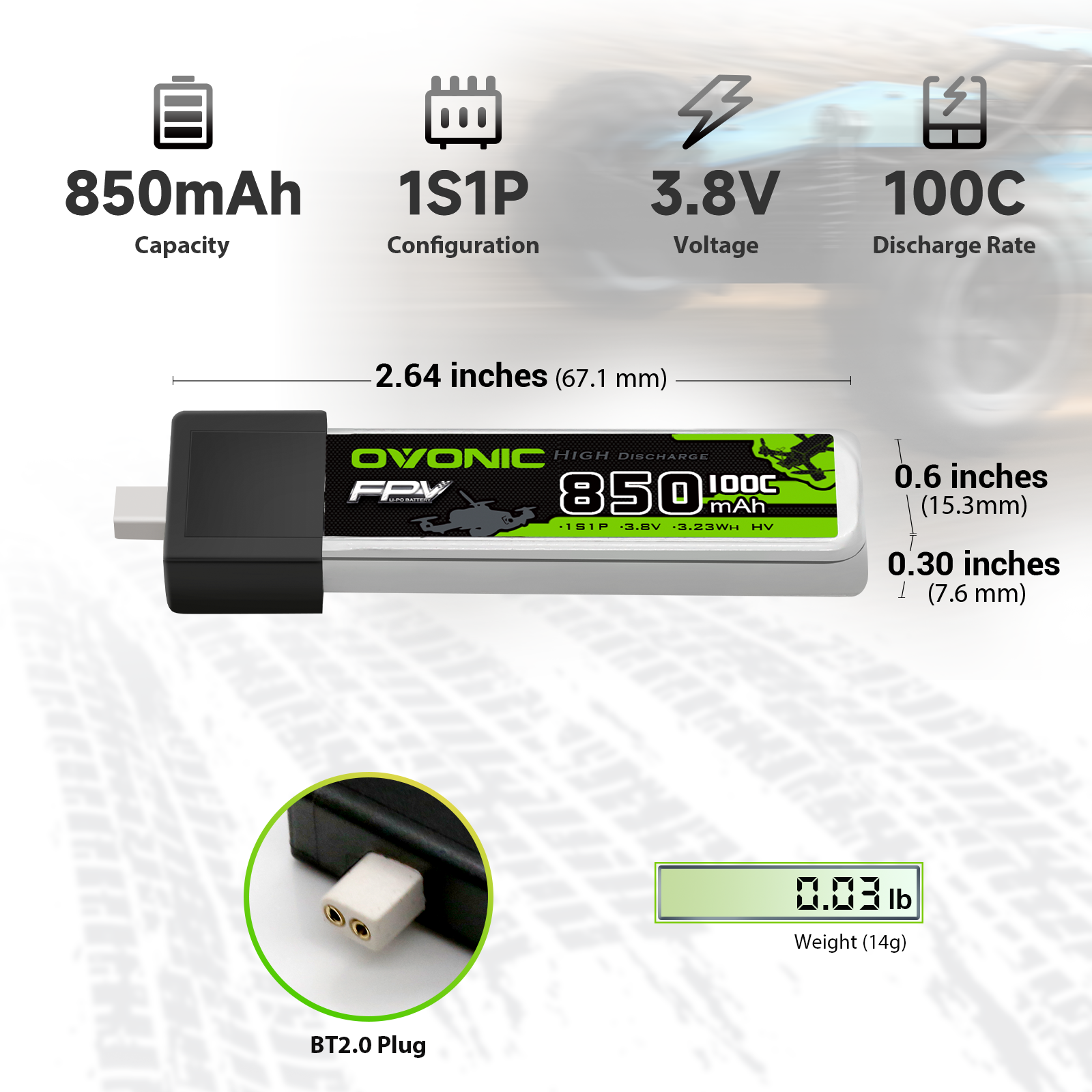 OVONIC 1S Lipo Battery 850mAh 1S1P 100C 3.8V LiHV with BT2.0 Plug