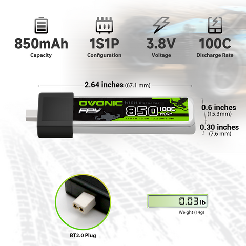 OVONIC 1S Lipo Battery 850mAh 1S1P 100C 3.8V LiHV with BT2.0 Plug