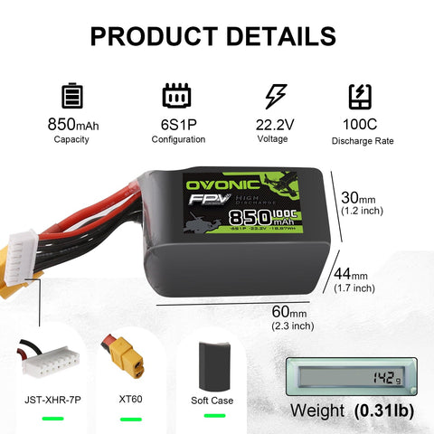 2x Ovonic 100C 6S 850mah Lipo Battery 22.2V Pack with XT60 Plug for cinewhoop