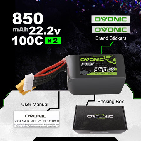 2x Ovonic 100C 6S 850mah Lipo Battery 22.2V Pack with XT60 Plug for fpv whoop