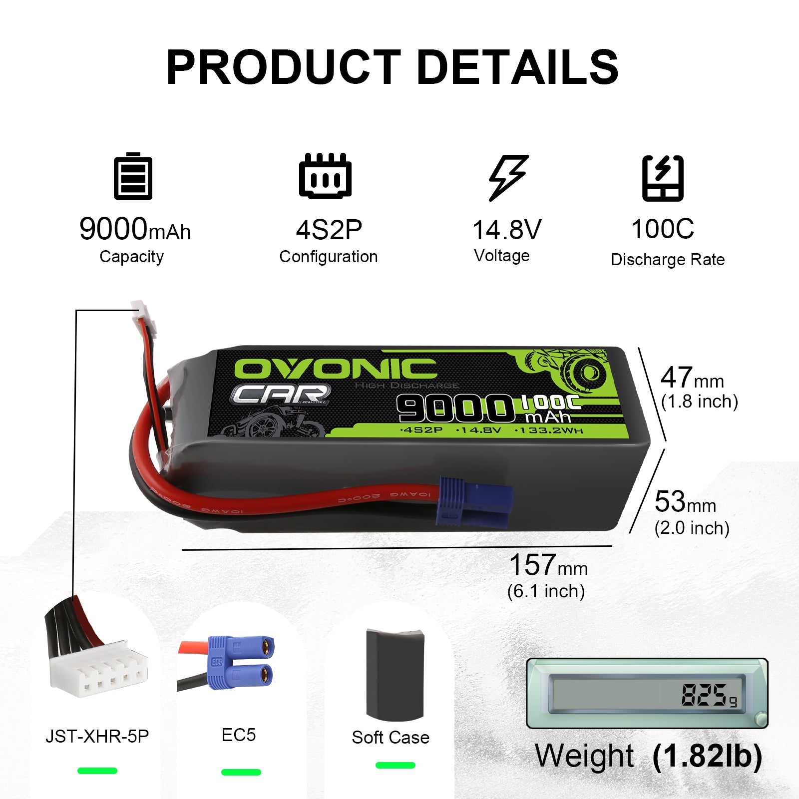 Ovonic 100C 9000mAh 4S LiPo Battery 14.8V with EC5 Plug for RC TRUCK