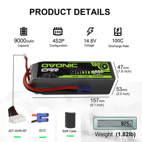 Ovonic 100C 9000mAh 4S LiPo Battery 14.8V with EC5 Plug for RC TRUCK