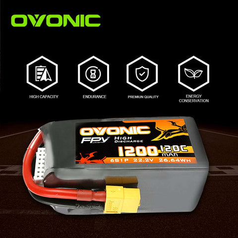 Ovonic 120C 22.2V 6S 1200mAh LiPo Battery with XT60 Plug for FPV Racing - Ampow