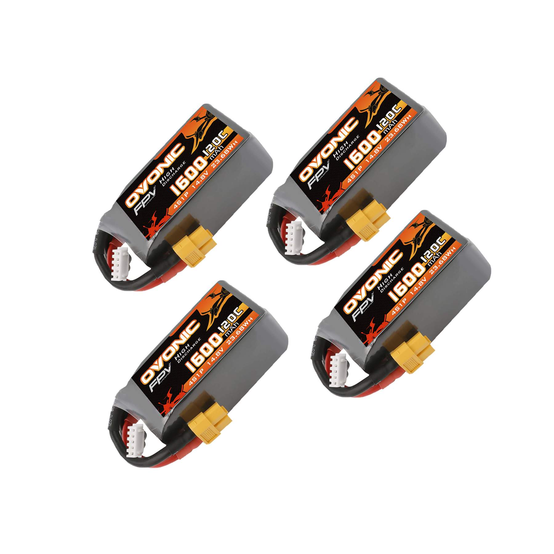 [4 Packs] Ovonic 120C 14.8V 1600mAh 4S LiPo Battery Pack for FPV Racing - XT60 Plug - Ampow