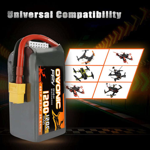 Ovonic 120C 22.2V 6S 1200mAh LiPo Battery with XT60 Plug for FPV Racing - Ampow