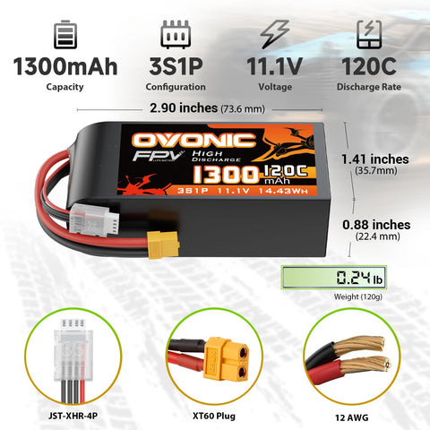 2 x OVONIC Lipo Battery 11.1V 120C 1300mAh 3S RC Battery with XT60 Plug & Lipo Voltage Checker for FPV Racing Drone Freestyle Quad Long-Range Flight