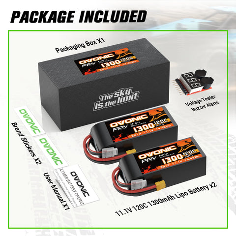 2 x OVONIC Lipo Battery 11.1V 120C 1300mAh 3S RC Battery with XT60 Plug & Lipo Voltage Checker for FPV Racing Drone Freestyle Quad Long-Range Flight