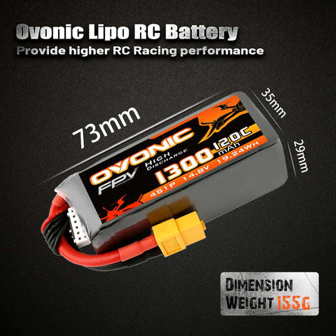 [4 Packs] Ovonic 4S 1300mAh 120C 14.8V LiPo Battery Pack for FPV Racing - XT60 Plug - Ampow