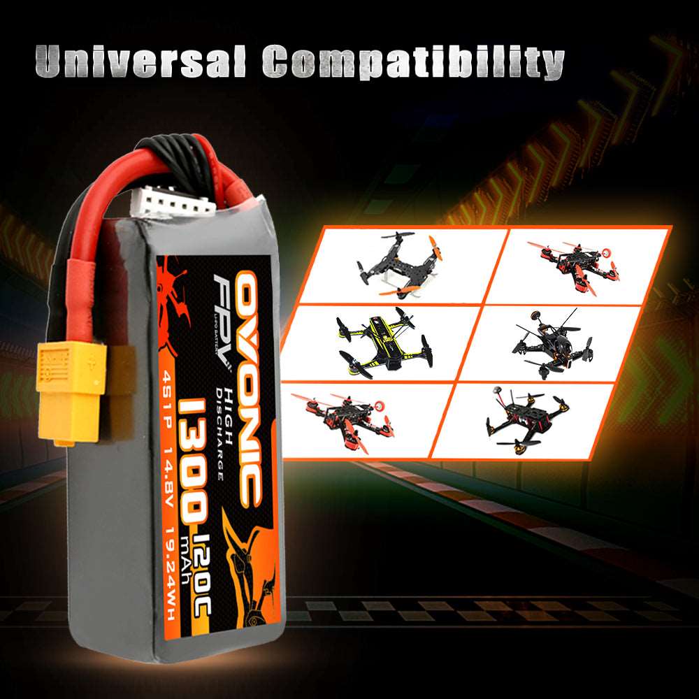 [4 Packs] Ovonic 4S 1300mAh 120C 14.8V LiPo Battery Pack for FPV Racing - XT60 Plug - Ampow