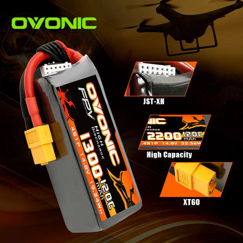 [4 Packs] Ovonic 4S 1300mAh 120C 14.8V LiPo Battery Pack for FPV Racing - XT60 Plug - Ampow