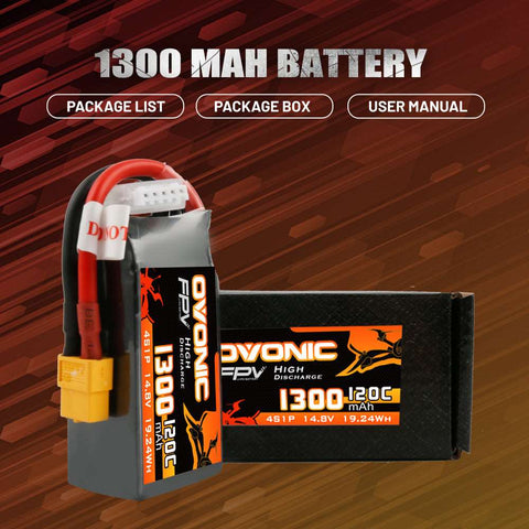 [4 Packs] Ovonic 4S 1300mAh 120C 14.8V LiPo Battery Pack for FPV Racing - XT60 Plug - Ampow