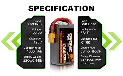 [4 Packs] Ovonic 120C 6S 1300mAh 22.2V LiPo Battery Pack for FPV Racing - XT60 Plug - Ampow