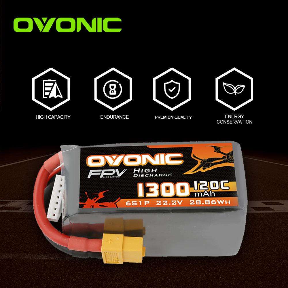 [2 Pack] Ovonic 120C 6S 1300mAh 22.2V LiPo Battery Pack for FPV Racing - XT60 Plug - Ampow