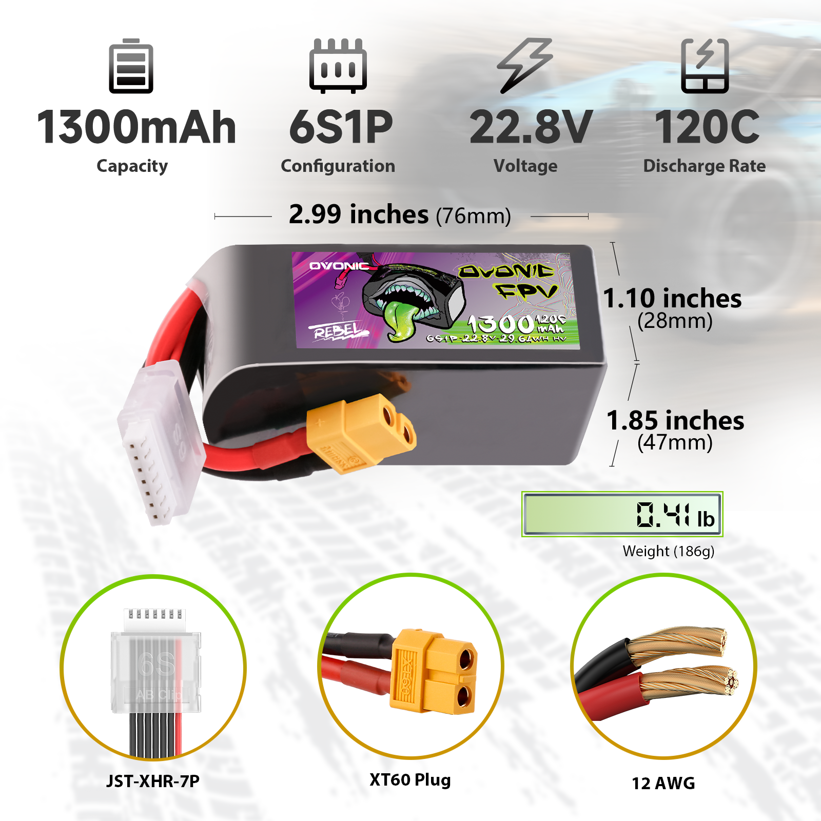 Ovonic Rebel 2.0 120C 6S 1300mAh Lipo Battery LiHV 22.8V Pack with XT60 Plug