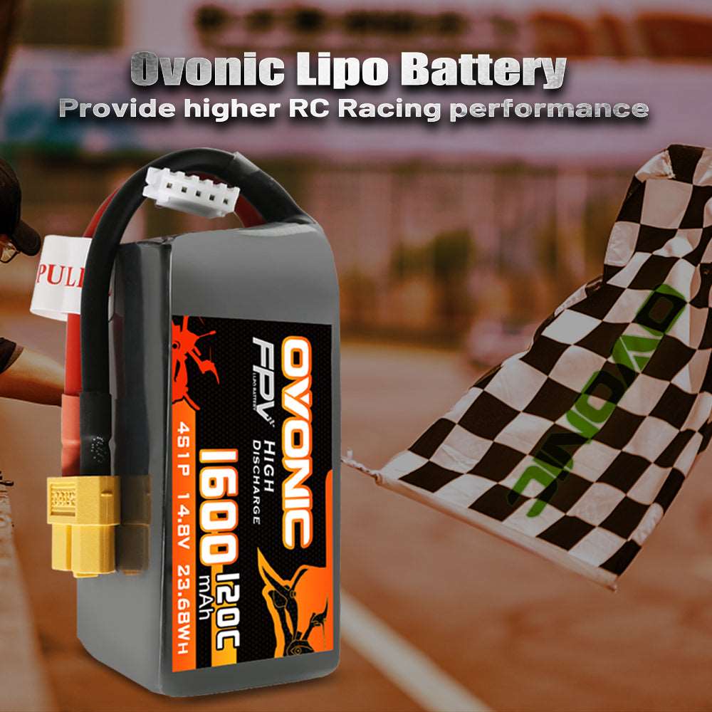 [4 Packs] Ovonic 120C 14.8V 1600mAh 4S LiPo Battery Pack for FPV Racing - XT60 Plug - Ampow