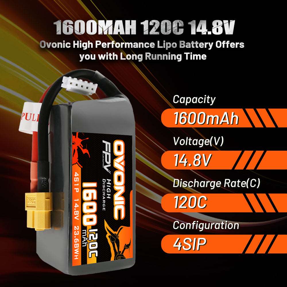 [4 Packs] Ovonic 120C 14.8V 1600mAh 4S LiPo Battery Pack for FPV Racing - XT60 Plug - Ampow