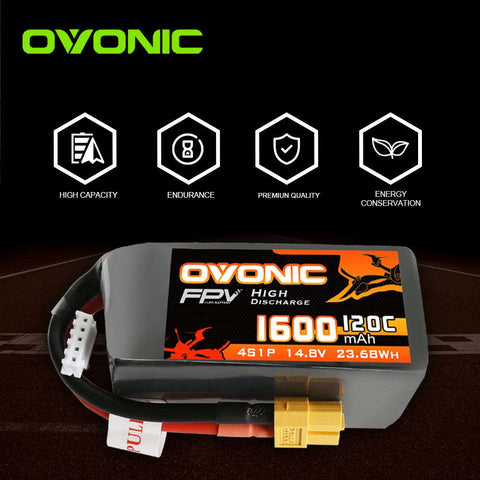 [4 Packs] Ovonic 120C 14.8V 1600mAh 4S LiPo Battery Pack for FPV Racing - XT60 Plug - Ampow