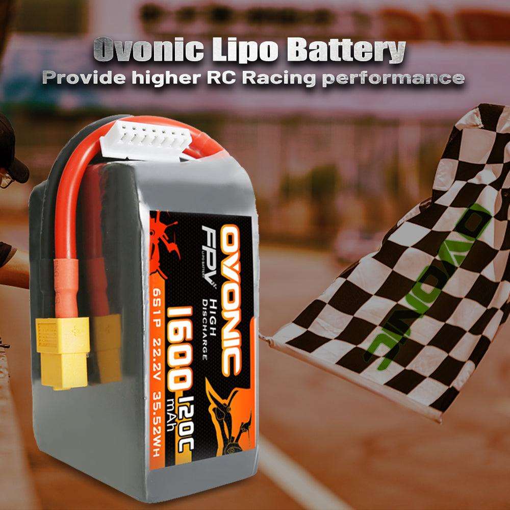 [2 Packs] Ovonic 120C 22.2V 6S 1600mAh LiPo Battery for FPV Racing with XT60 Plug - Ampow