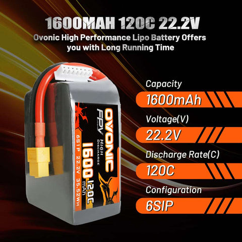 Ovonic 120C 22.2V 6S 1600mAh LiPo Battery for FPV Racing with XT60 Plug - Ampow