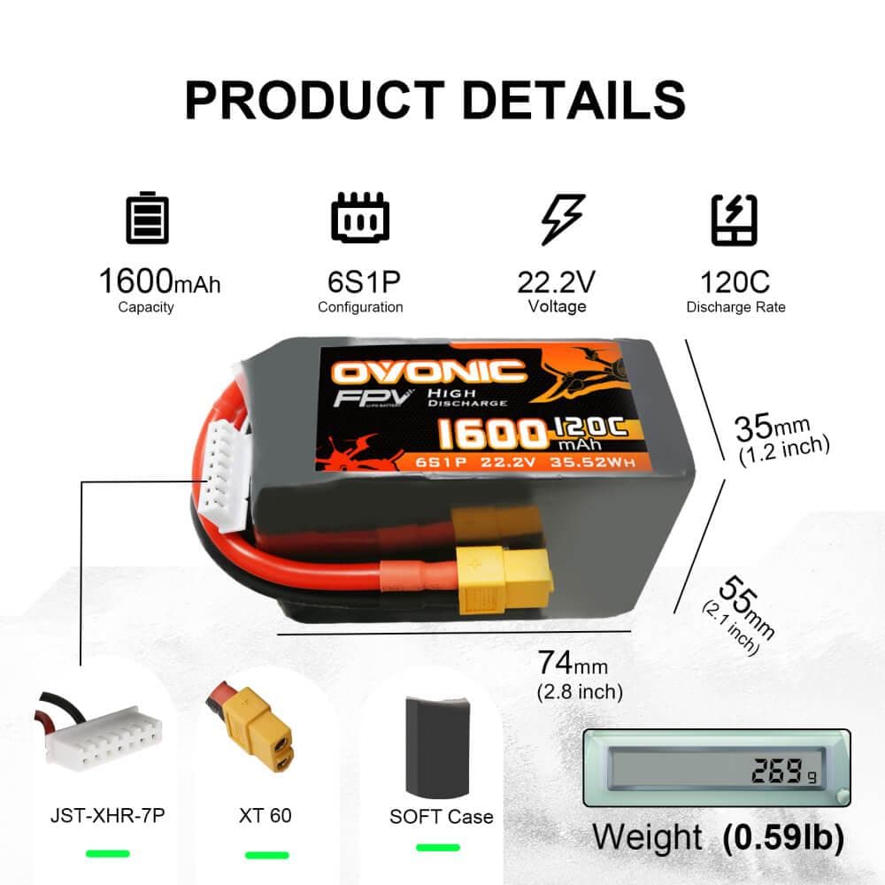 2×Ovonic 120C 6S 1600mAh LiPo Battery 22.2V for FPV Racing with XT60 Plug - Ampow