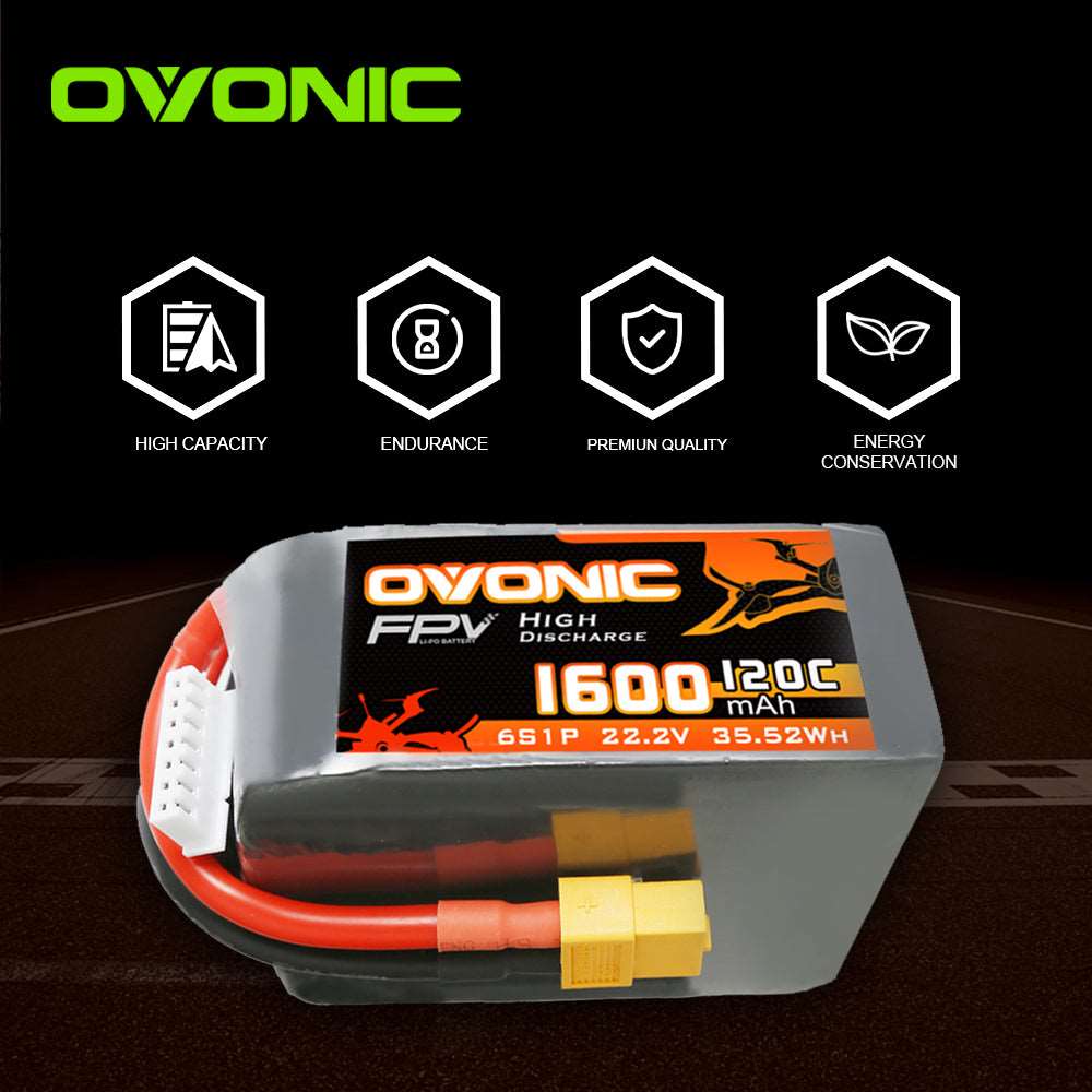 Ovonic 120C 22.2V 6S 1600mAh LiPo Battery for FPV Racing with XT60 Plug - Ampow