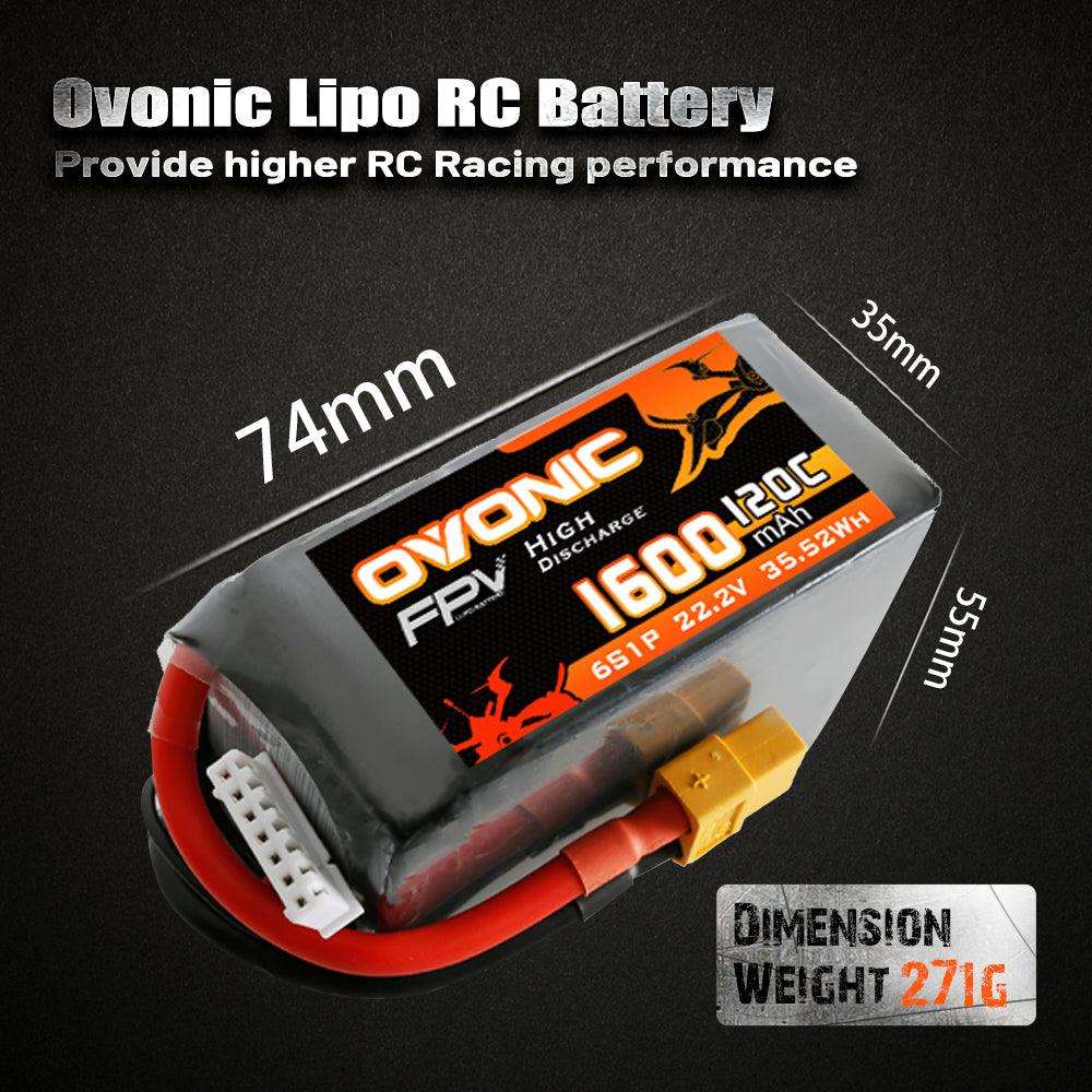 [2 Packs] Ovonic 120C 22.2V 6S 1600mAh LiPo Battery for FPV Racing with XT60 Plug - Ampow