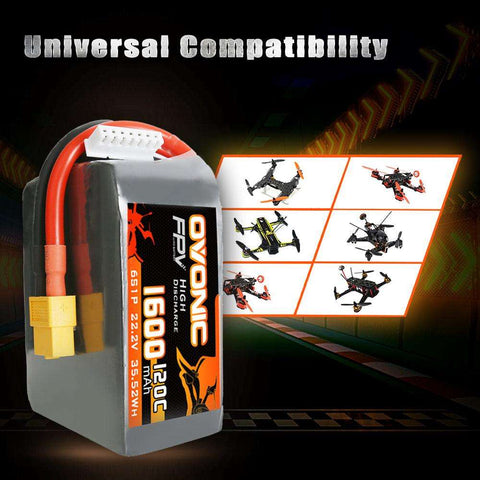 [2 Packs] Ovonic 120C 22.2V 6S 1600mAh LiPo Battery for FPV Racing with XT60 Plug - Ampow