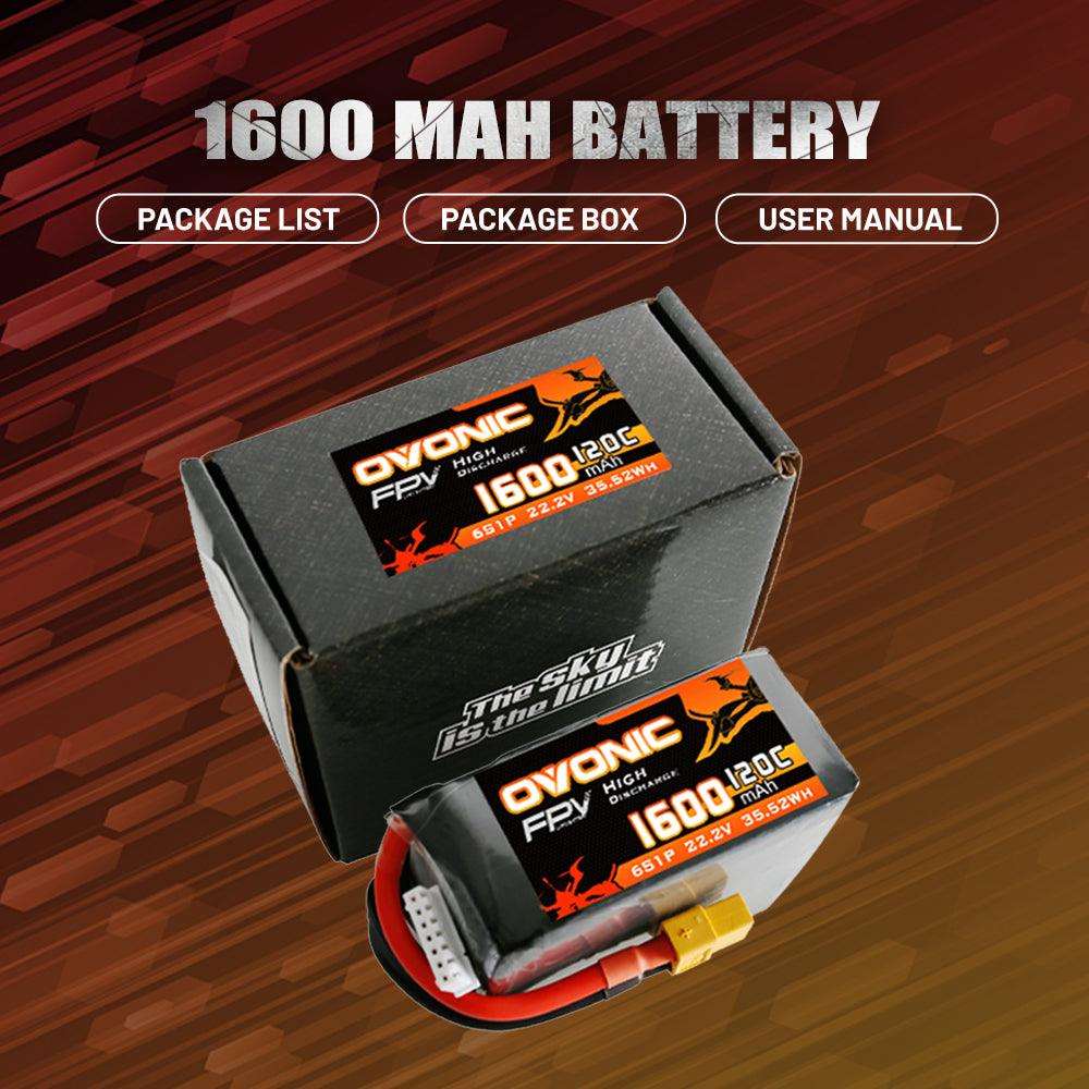 [2 Packs] Ovonic 120C 22.2V 6S 1600mAh LiPo Battery for FPV Racing with XT60 Plug - Ampow