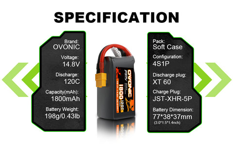 2×Ovonic 120C 4S 1800mAh 14.8V LiPo Battery XT60 for FPV Racing