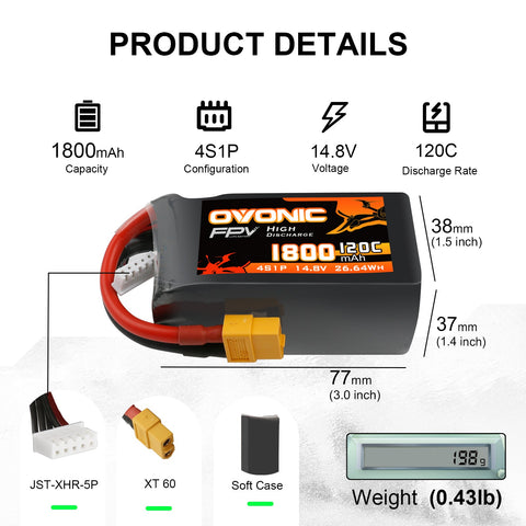 Ovonic 120C 4S 1800mAh 14.8V LiPo Battery Pack for FPV Racing with XT60 Plug