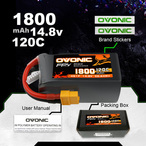 2×Ovonic 120C 4S 1800mAh 14.8V LiPo Battery XT60 for FPV Racing